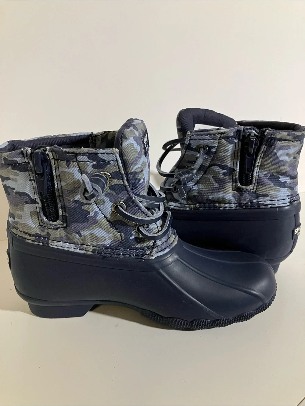 Sperry Navy Duck Boots with Blue Camo Collar